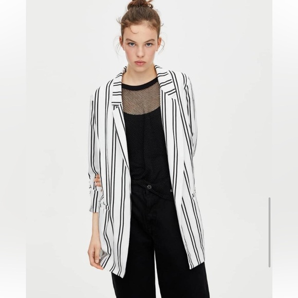 PULL & BEAR Cotton Blend Striped Blazer - Picture 1 of 11